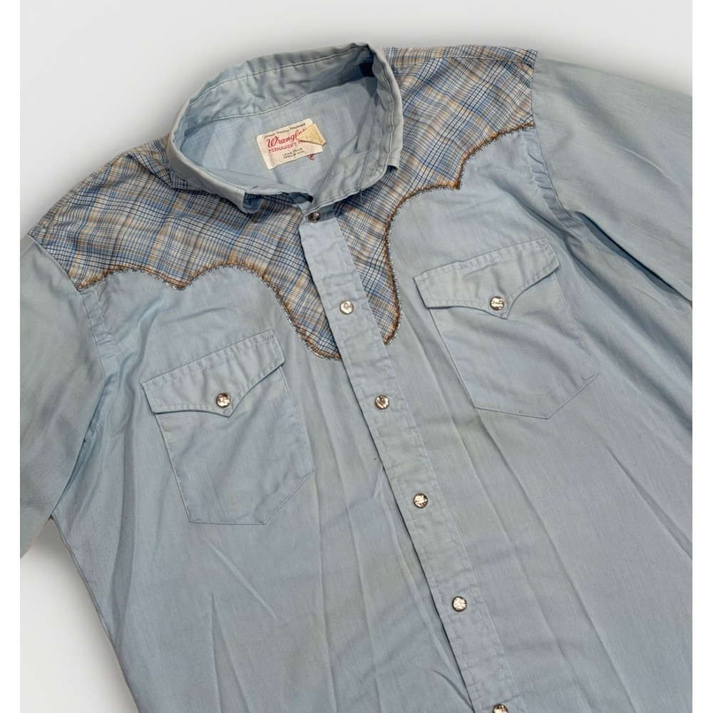 Vtg 60s Wrangler Western Blue Pearl Snap Shirt Single Needle Tailoring Long Tail